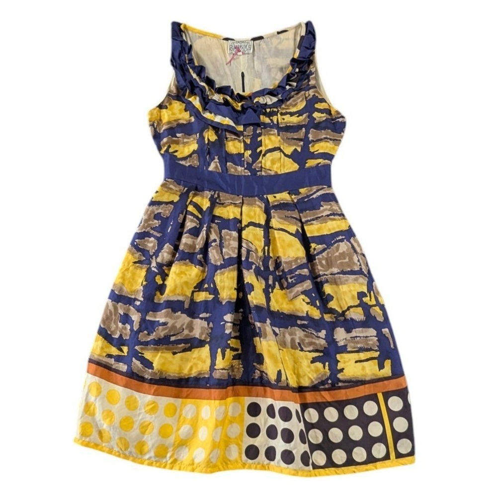 Baraschi Women 6 Blue Yellow Abstract Print 100%‎ Silk Ruffle Neck Mini Dress
